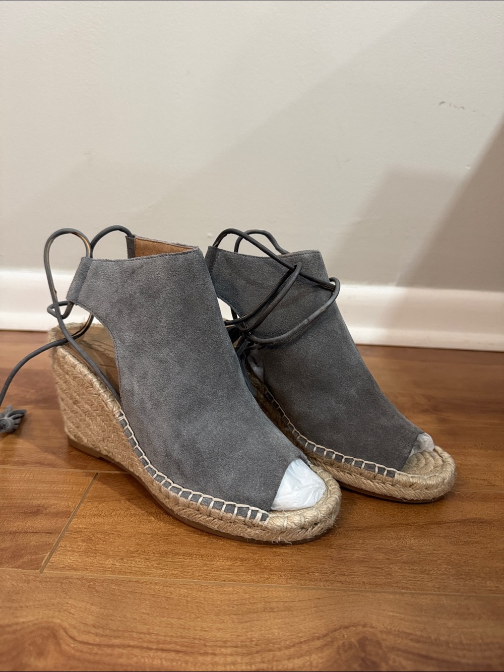 bettye muller Gray Suede Espadrille Wedge Sandals with Ankle Tie